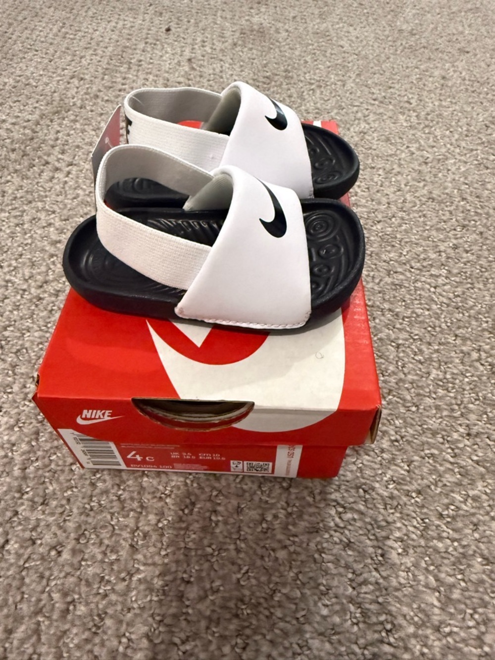 Nike Kids White and Black Slide Sandals with Elastic Heel Strap
